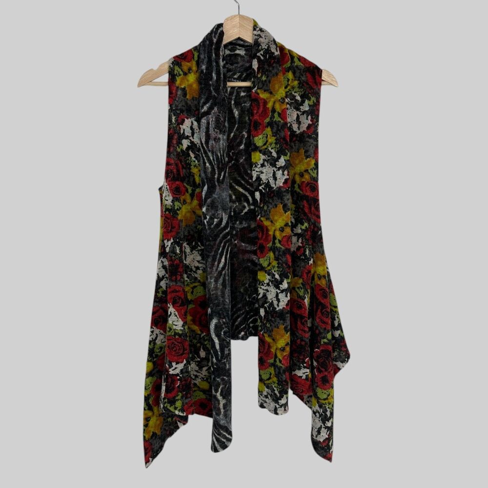 Mechant Cascade Vest M Sleeveless Knit Dark Floral Hi-Low Boho Open Front